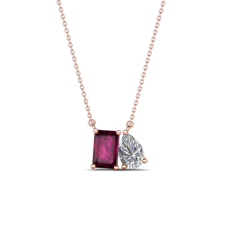 Arika 1.15 ctw Emerald Shape Rhodolite Garnet with Pear Shape Lab Grown Diamond Toi Et Moi Women Pendant Necklace 