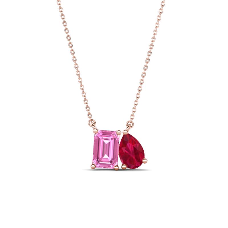 Arika 1.26 ctw Emerald Shape Created Pink Sapphire with Pear Shape Created Ruby Toi Et Moi Women Pendant Necklace 