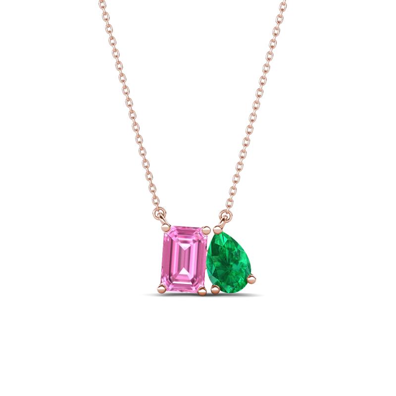 Arika 1.14 ctw Emerald Shape Created Pink Sapphire with Pear Shape Created Emerald Toi Et Moi Women Pendant Necklace 
