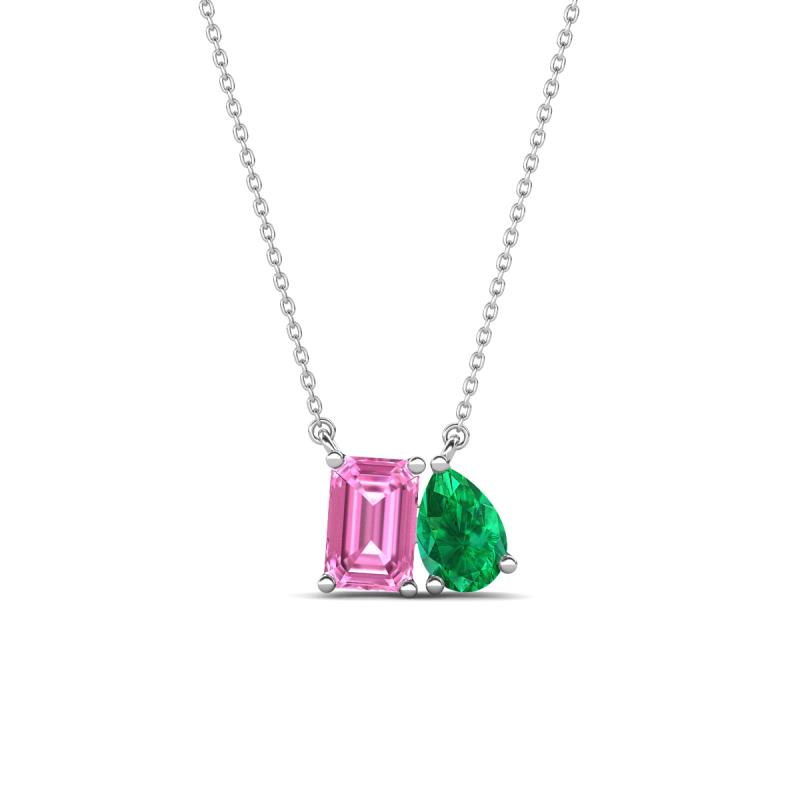 Arika 1.14 ctw Emerald Shape Created Pink Sapphire with Pear Shape Created Emerald Toi Et Moi Women Pendant Necklace 