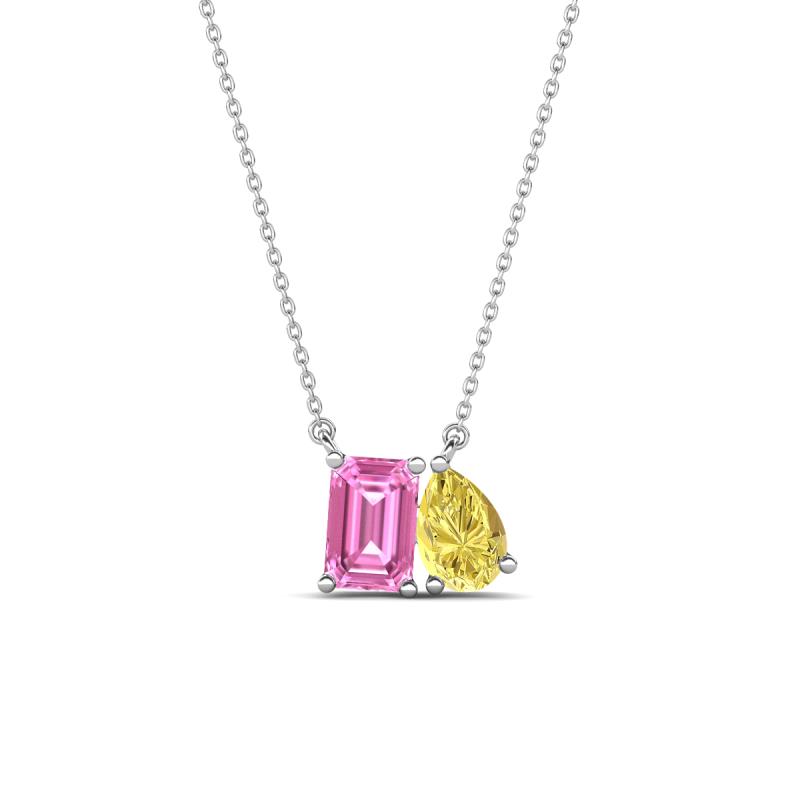 Arika 1.26 ctw Emerald Shape Created Pink Sapphire with Pear Shape Created Yellow Sapphire Toi Et Moi Women Pendant Necklace 
