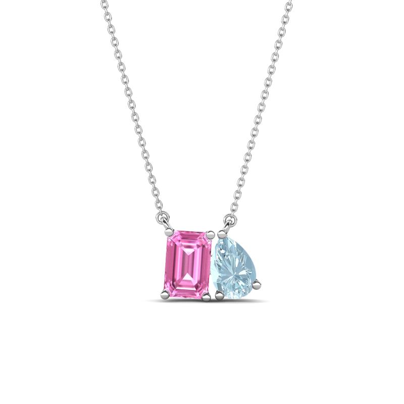 Arika 1.16 ctw Emerald Shape Created Pink Sapphire with Pear Shape Aquamarine Toi Et Moi Women Pendant Necklace 