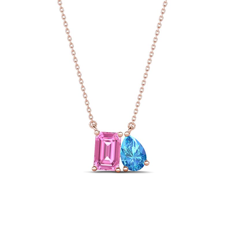 Arika 1.31 ctw Emerald Shape Created Pink Sapphire with Pear Shape Blue Topaz Toi Et Moi Women Pendant Necklace 