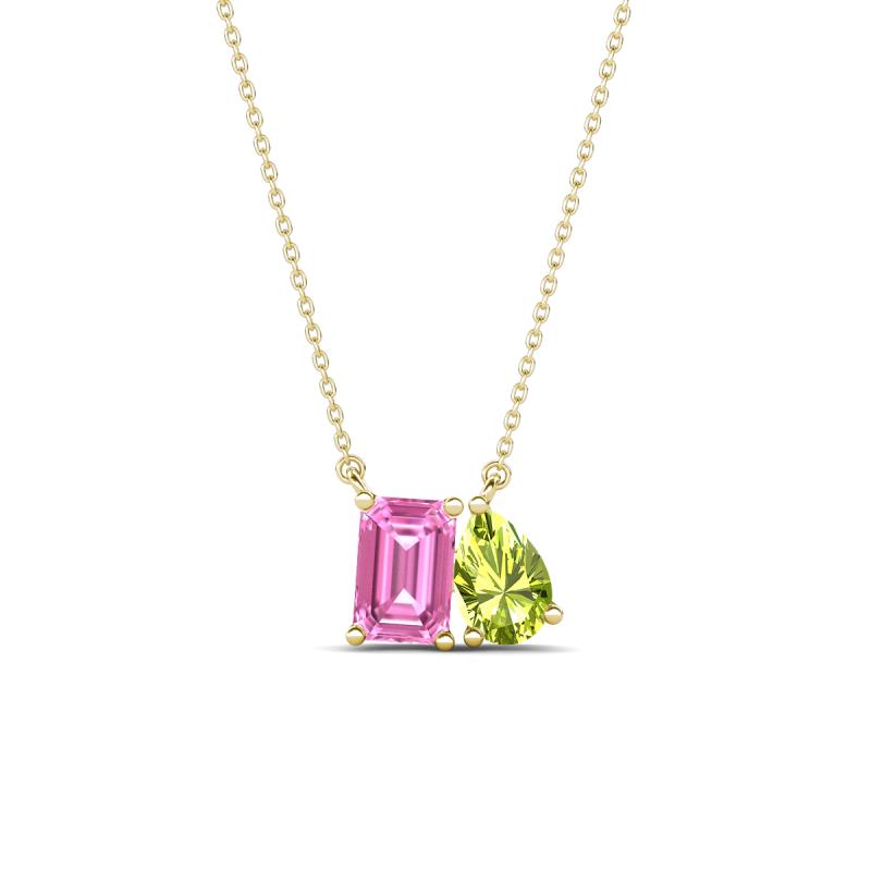 Arika 1.31 ctw Emerald Shape Created Pink Sapphire with Pear Shape Peridot Toi Et Moi Women Pendant Necklace 