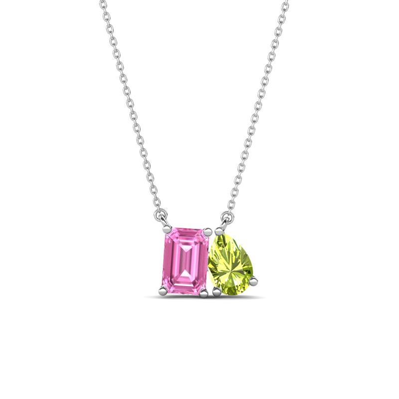 Arika 1.31 ctw Emerald Shape Created Pink Sapphire with Pear Shape Peridot Toi Et Moi Women Pendant Necklace 