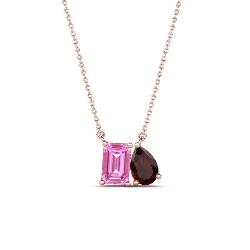 Arika 1.36 ctw Emerald Shape Created Pink Sapphire with Pear Shape Red Garnet Toi Et Moi Women Pendant Necklace 