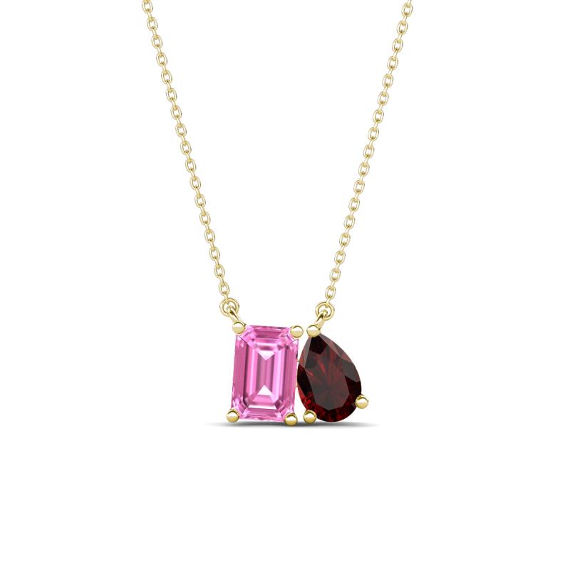 Arika 1.36 ctw Emerald Shape Created Pink Sapphire with Pear Shape Red Garnet Toi Et Moi Women Pendant Necklace 