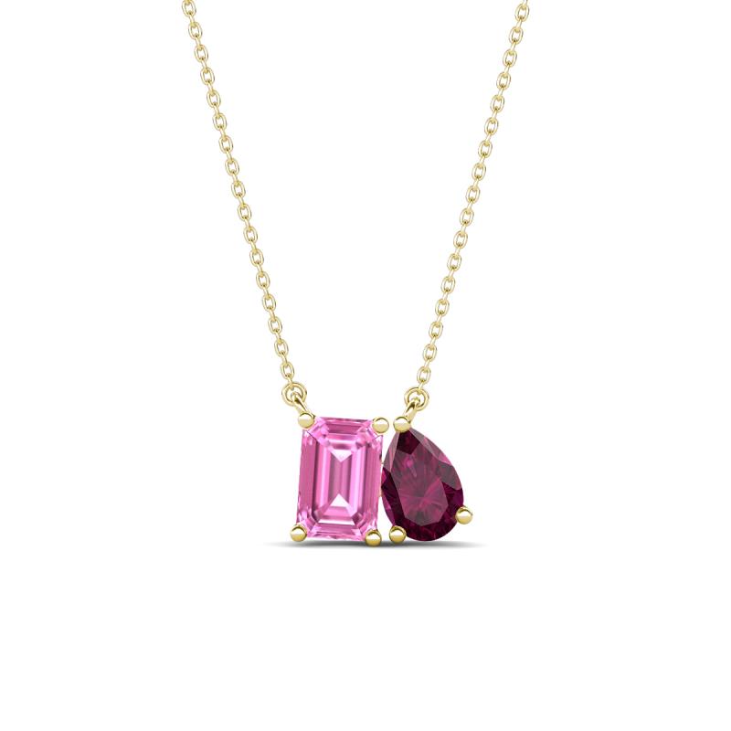 Arika 1.36 ctw Emerald Shape Created Pink Sapphire with Pear Shape Rhodolite Garnet Toi Et Moi Women Pendant Necklace 