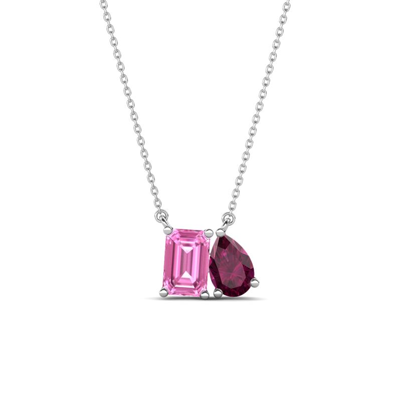 Arika 1.36 ctw Emerald Shape Created Pink Sapphire with Pear Shape Rhodolite Garnet Toi Et Moi Women Pendant Necklace 