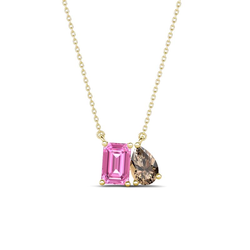 Arika 1.16 ctw Emerald Shape Created Pink Sapphire with Pear Shape Smoky Quartz Toi Et Moi Women Pendant Necklace 