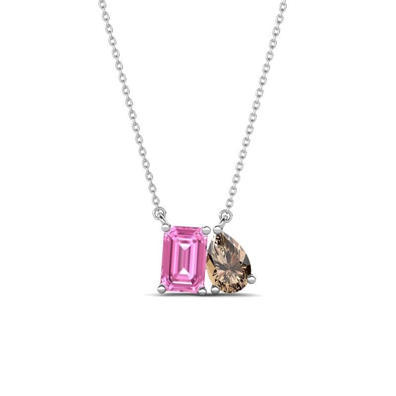 Arika 1.16 ctw Emerald Shape Created Pink Sapphire with Pear Shape Smoky Quartz Toi Et Moi Women Pendant Necklace 