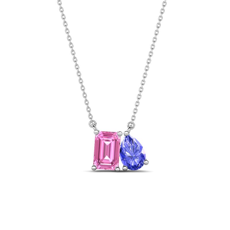 Arika 1.26 ctw Emerald Shape Created Pink Sapphire with Pear Shape Tanzanite Toi Et Moi Women Pendant Necklace 
