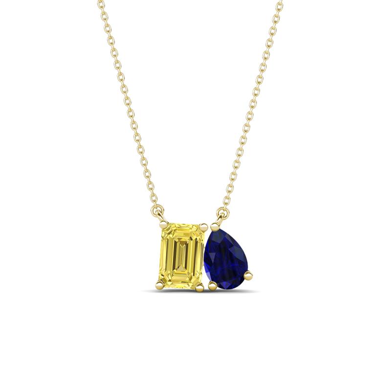 Arika 1.05 ctw Emerald Shape Created Yellow Sapphire with Pear Shape Created Blue Sapphire Toi Et Moi Women Pendant Necklace 