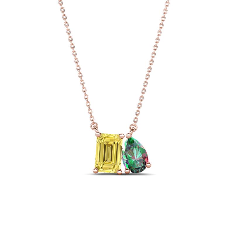 Arika 1.09 ctw Emerald Shape Created Yellow Sapphire with Pear Shape Created Alexandrite Toi Et Moi Women Pendant Necklace 