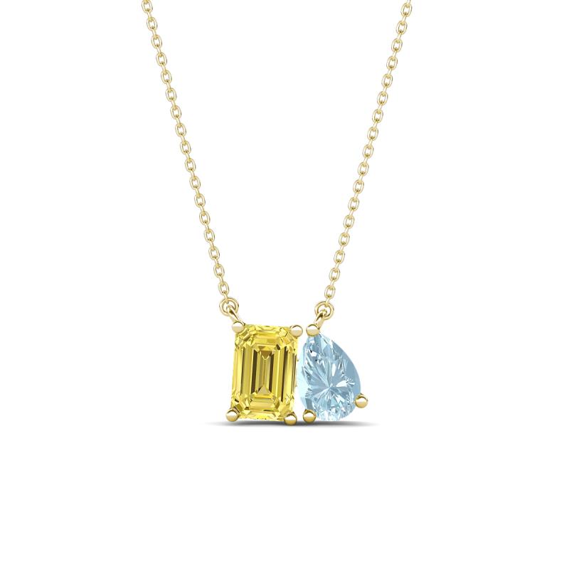 Arika 0.95 ctw Emerald Shape Created Yellow Sapphire with Pear Shape Aquamarine Toi Et Moi Women Pendant Necklace 