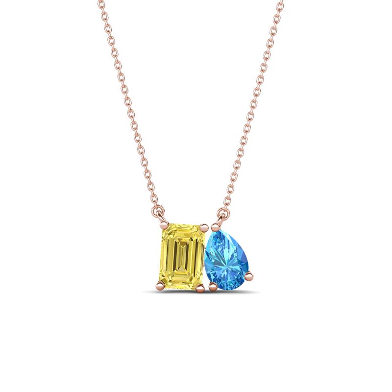 Arika 1.10 ctw Emerald Shape Created Yellow Sapphire with Pear Shape Blue Topaz Toi Et Moi Women Pendant Necklace 