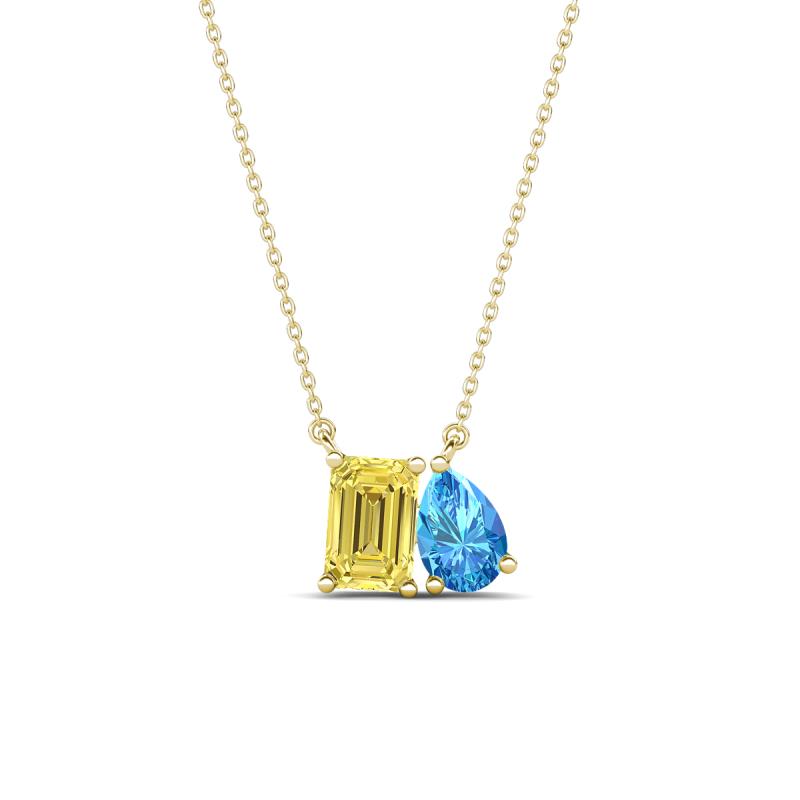 Arika 1.10 ctw Emerald Shape Created Yellow Sapphire with Pear Shape Blue Topaz Toi Et Moi Women Pendant Necklace 