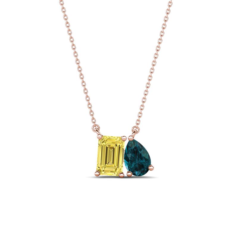 Arika 1.10 ctw Emerald Shape Created Yellow Sapphire with Pear Shape London Blue Topaz Toi Et Moi Women Pendant Necklace 