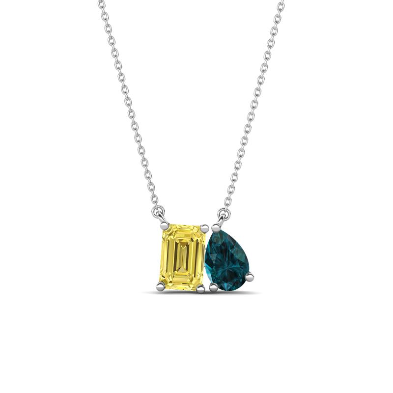 Arika 1.10 ctw Emerald Shape Created Yellow Sapphire with Pear Shape London Blue Topaz Toi Et Moi Women Pendant Necklace 