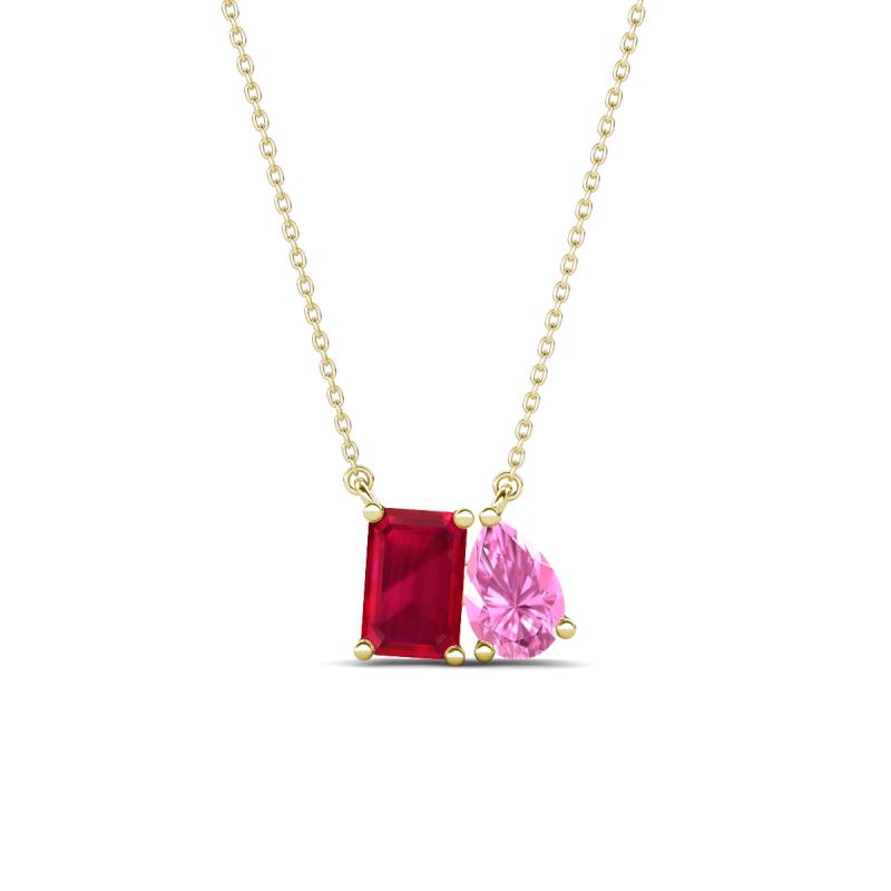 Arika 1.26 ctw Emerald Shape Created Ruby with Pear Shape Created Pink Sapphire Toi Et Moi Women Pendant Necklace 