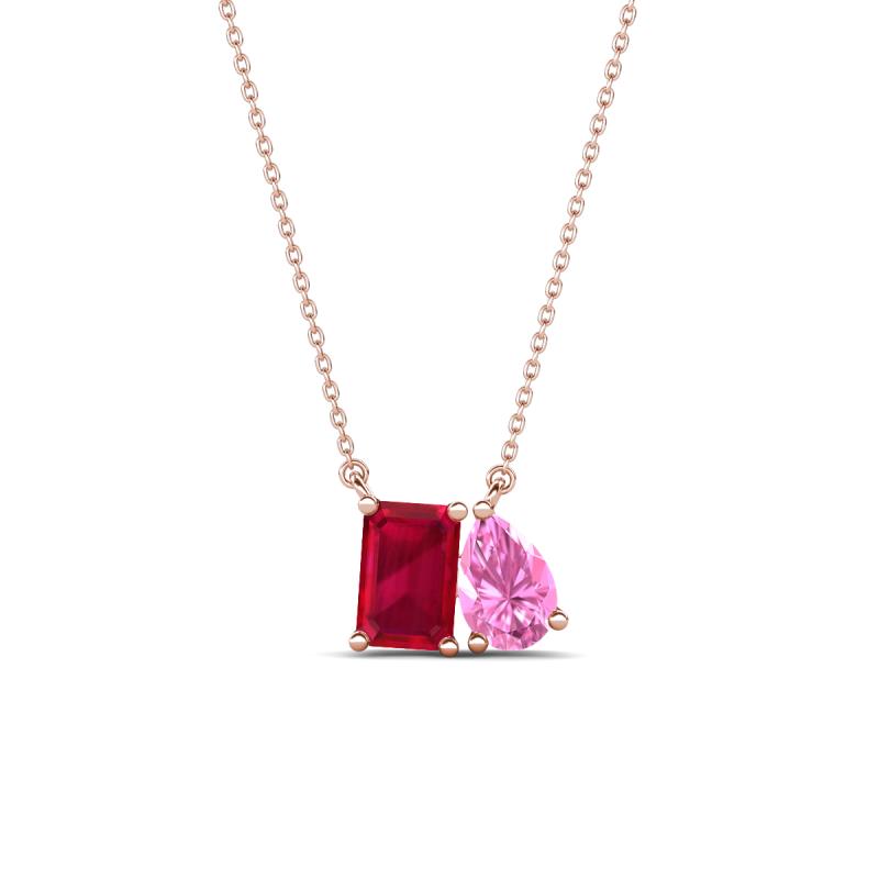 Arika 1.26 ctw Emerald Shape Created Ruby with Pear Shape Created Pink Sapphire Toi Et Moi Women Pendant Necklace 