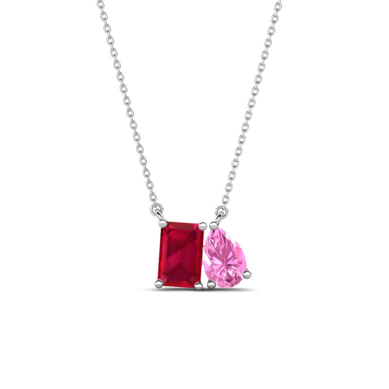 Arika 1.26 ctw Emerald Shape Created Ruby with Pear Shape Created Pink Sapphire Toi Et Moi Women Pendant Necklace 