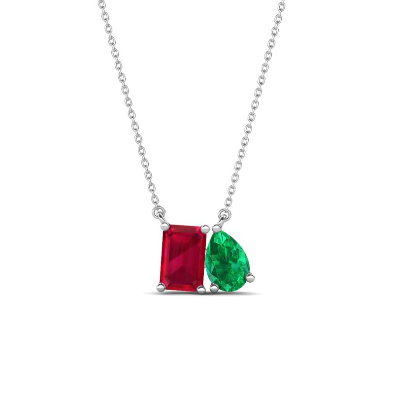 Arika 1.14 ctw Emerald Shape Created Ruby with Pear Shape Created Emerald Toi Et Moi Women Pendant Necklace 