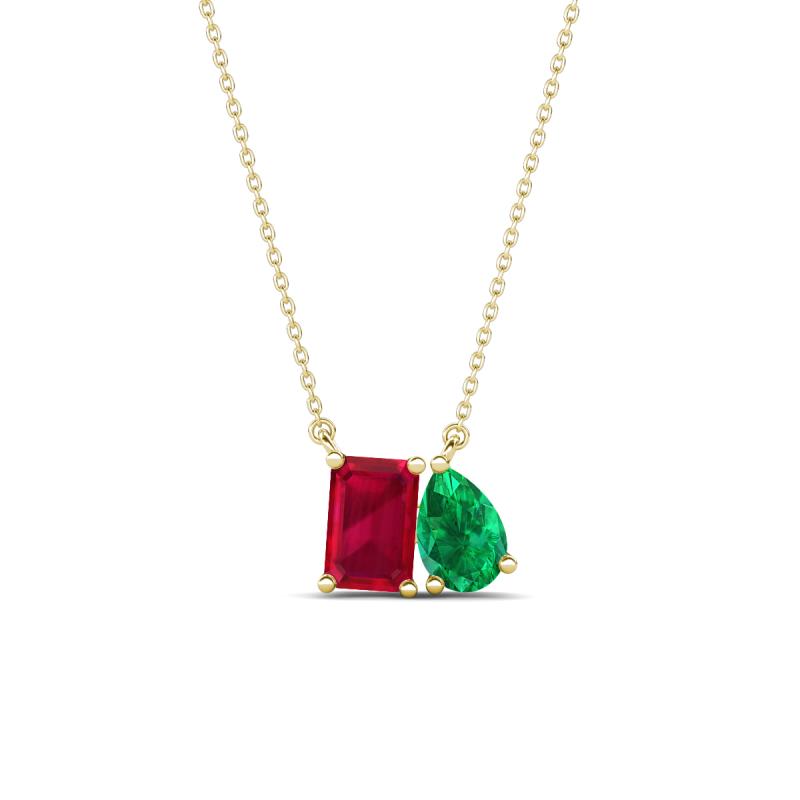 Arika 1.14 ctw Emerald Shape Created Ruby with Pear Shape Created Emerald Toi Et Moi Women Pendant Necklace 