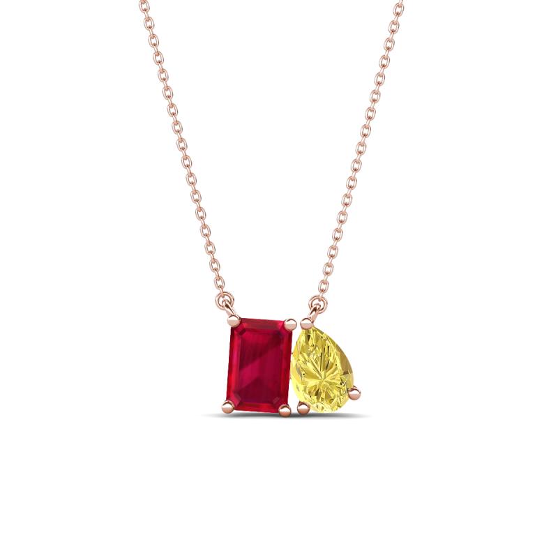 Arika 1.26 ctw Emerald Shape Created Ruby with Pear Shape Created Yellow Sapphire Toi Et Moi Women Pendant Necklace 