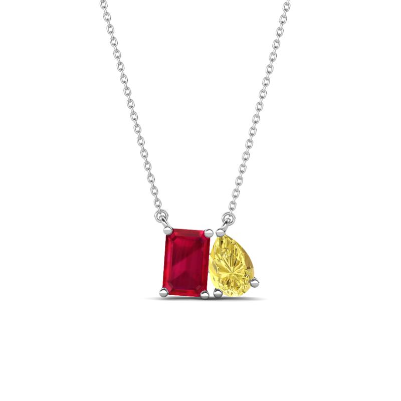 Arika 1.26 ctw Emerald Shape Created Ruby with Pear Shape Created Yellow Sapphire Toi Et Moi Women Pendant Necklace 