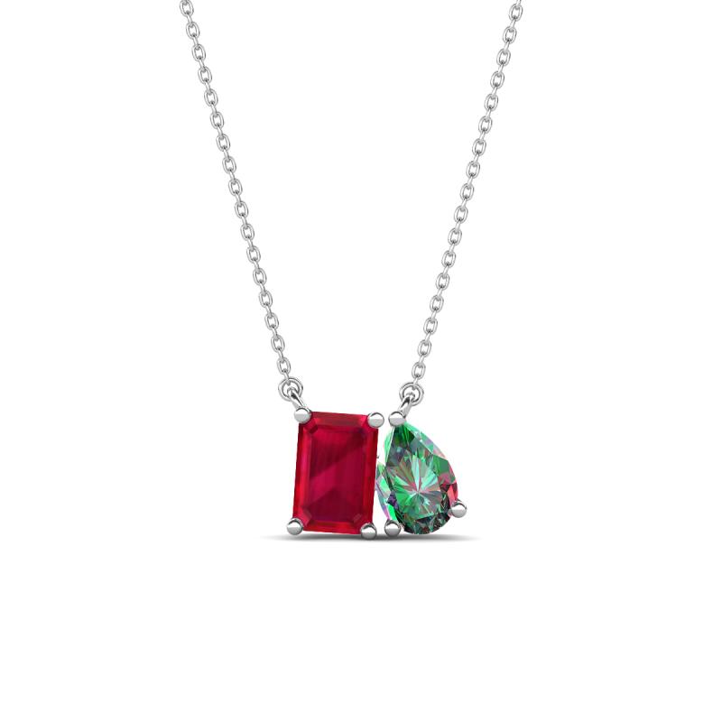 Arika 1.30 ctw Emerald Shape Created Ruby with Pear Shape Created Alexandrite Toi Et Moi Women Pendant Necklace 