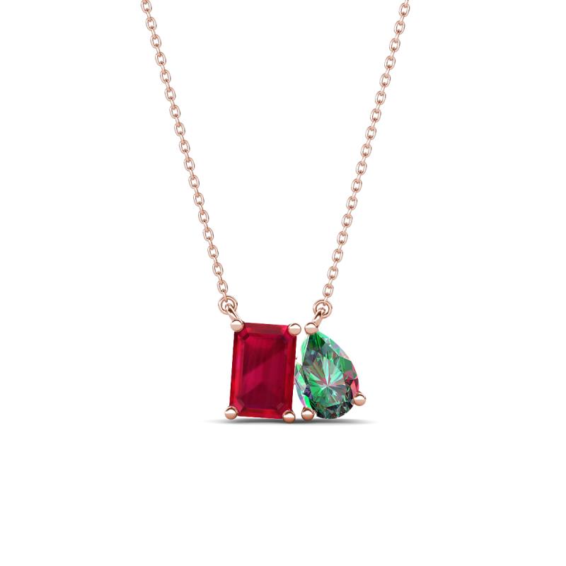 Arika 1.30 ctw Emerald Shape Created Ruby with Pear Shape Created Alexandrite Toi Et Moi Women Pendant Necklace 