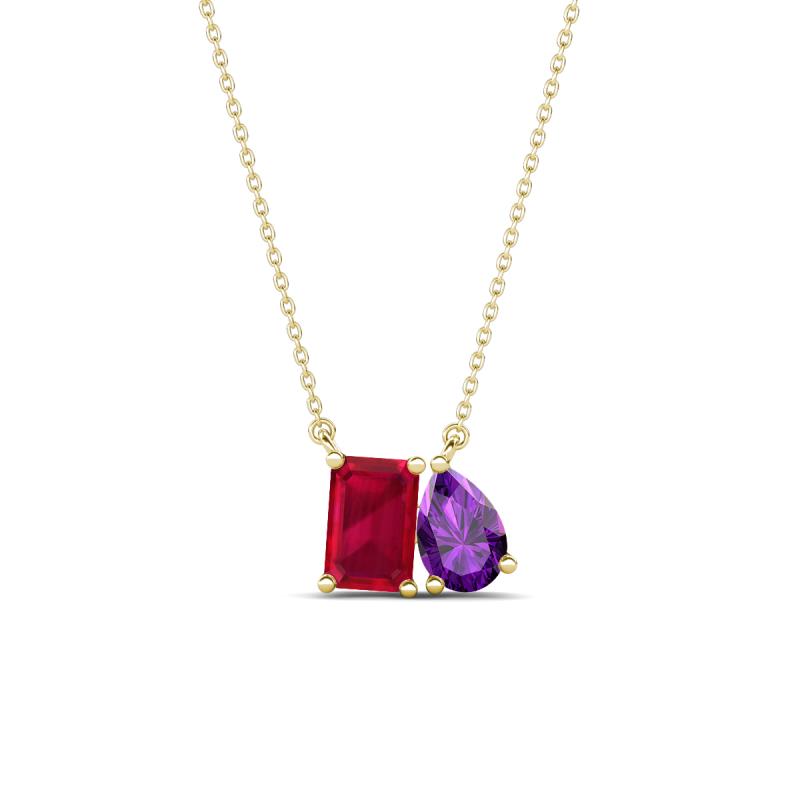 Arika 1.21 ctw Emerald Shape Created Ruby with Pear Shape Amethyst Toi Et Moi Women Pendant Necklace 