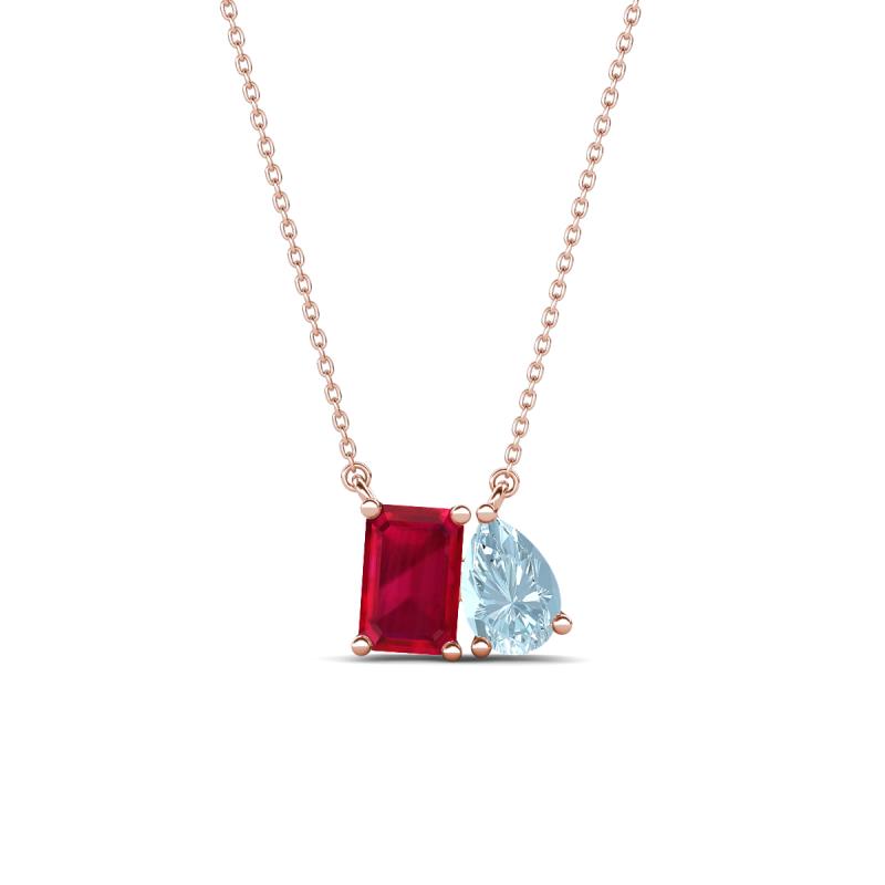 Arika 1.16 ctw Emerald Shape Created Ruby with Pear Shape Aquamarine Toi Et Moi Women Pendant Necklace 