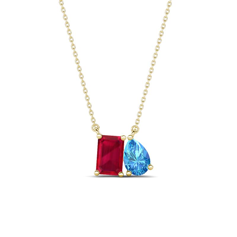 Arika 1.31 ctw Emerald Shape Created Ruby with Pear Shape Blue Topaz Toi Et Moi Women Pendant Necklace 