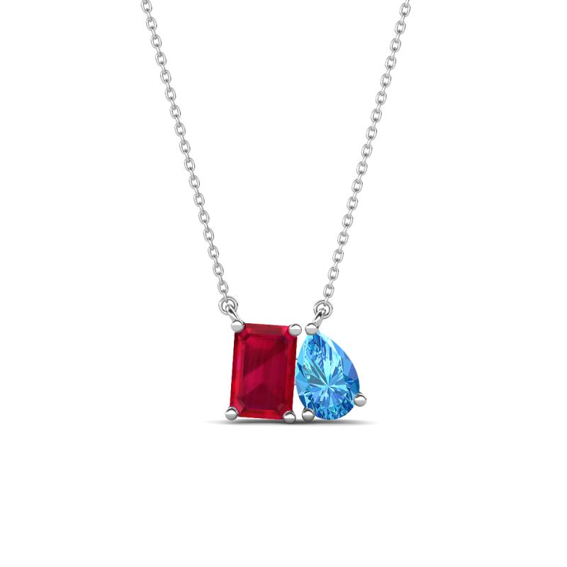 Arika 1.31 ctw Emerald Shape Created Ruby with Pear Shape Blue Topaz Toi Et Moi Women Pendant Necklace 