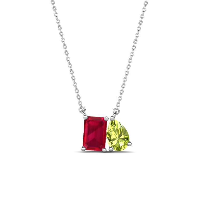 Arika 1.31 ctw Emerald Shape Created Ruby with Pear Shape Peridot Toi Et Moi Women Pendant Necklace 