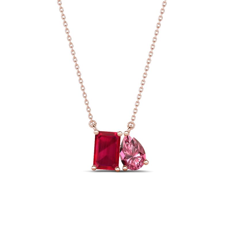 Arika 1.26 ctw Emerald Shape Created Ruby with Pear Shape Pink Tourmaline Toi Et Moi Women Pendant Necklace 