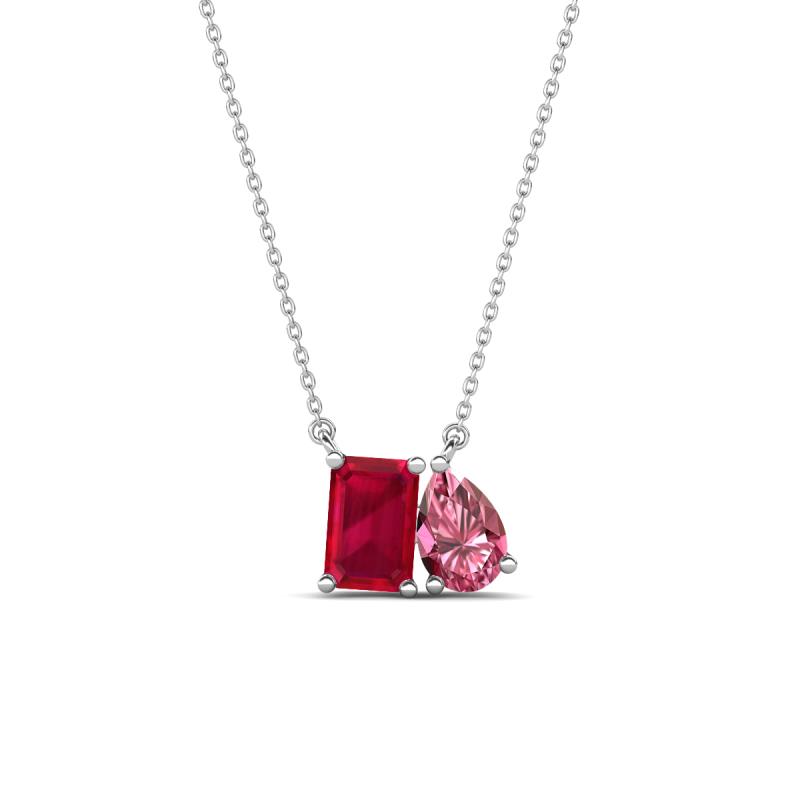 Arika 1.26 ctw Emerald Shape Created Ruby with Pear Shape Pink Tourmaline Toi Et Moi Women Pendant Necklace 