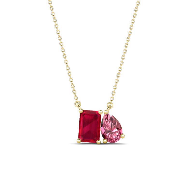 Arika 1.26 ctw Emerald Shape Created Ruby with Pear Shape Pink Tourmaline Toi Et Moi Women Pendant Necklace 