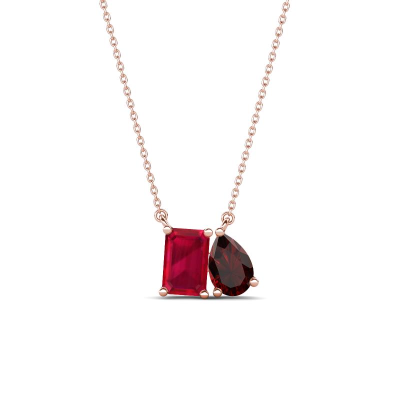 Arika 1.36 ctw Emerald Shape Created Ruby with Pear Shape Red Garnet Toi Et Moi Women Pendant Necklace 