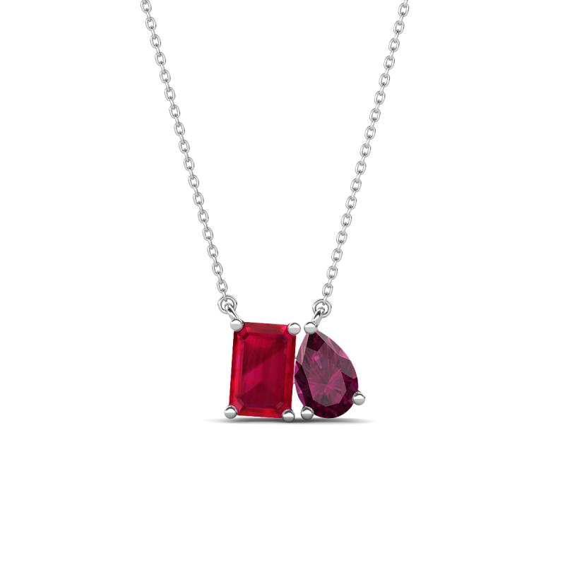 Arika 1.36 ctw Emerald Shape Created Ruby with Pear Shape Rhodolite Garnet Toi Et Moi Women Pendant Necklace 