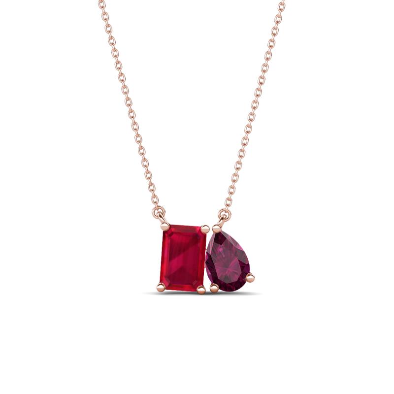 Arika 1.36 ctw Emerald Shape Created Ruby with Pear Shape Rhodolite Garnet Toi Et Moi Women Pendant Necklace 
