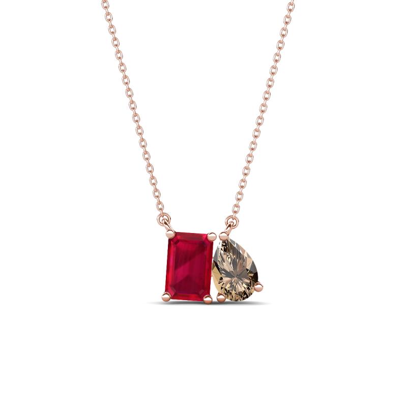 Arika 1.16 ctw Emerald Shape Created Ruby with Pear Shape Smoky Quartz Toi Et Moi Women Pendant Necklace 