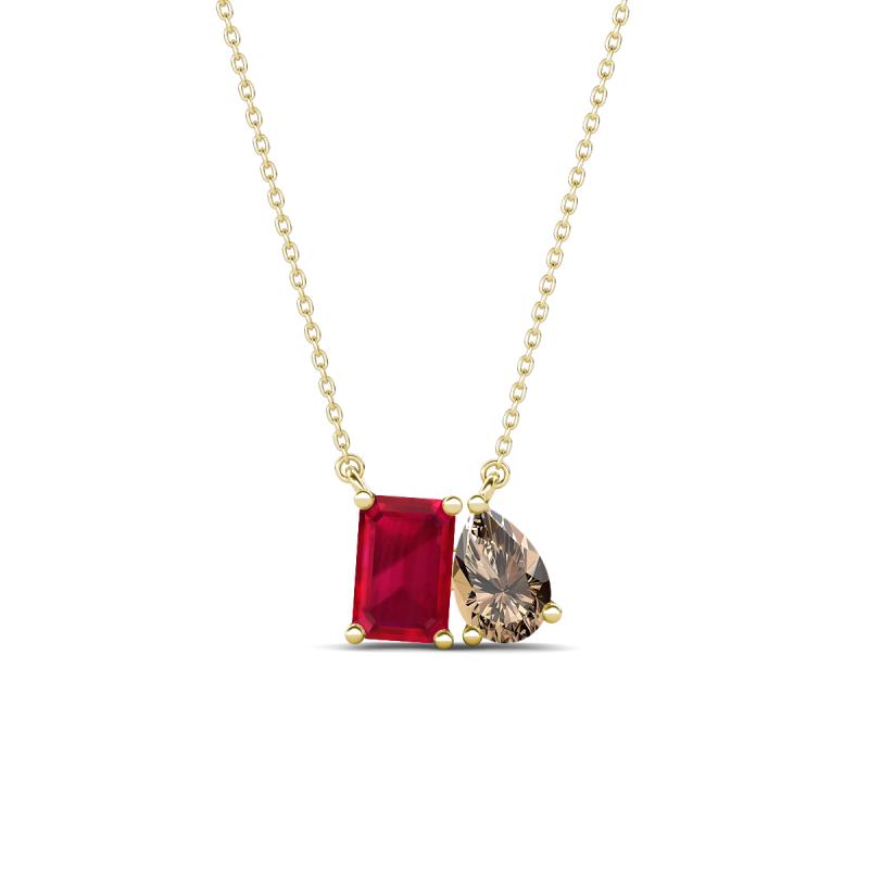Arika 1.16 ctw Emerald Shape Created Ruby with Pear Shape Smoky Quartz Toi Et Moi Women Pendant Necklace 