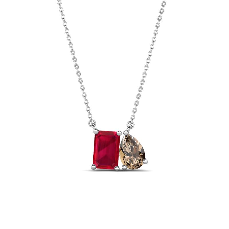 Arika 1.16 ctw Emerald Shape Created Ruby with Pear Shape Smoky Quartz Toi Et Moi Women Pendant Necklace 