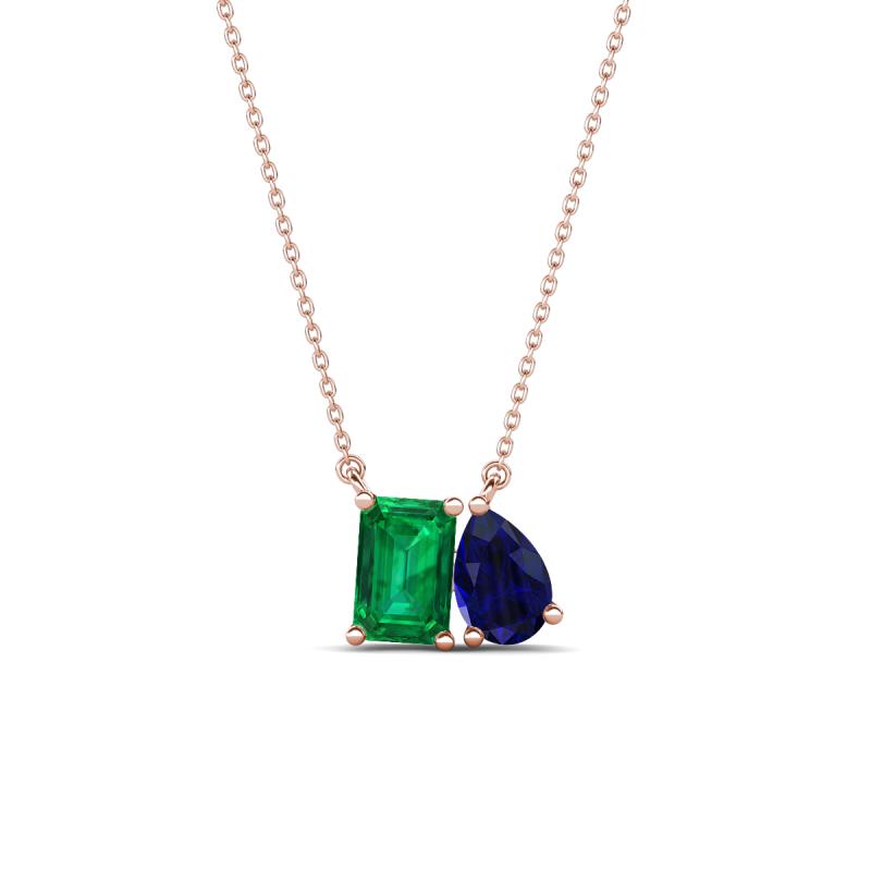 Arika 1.00 ctw Emerald Shape Created Emerald with Pear Shape Created Blue Sapphire Toi Et Moi Women Pendant Necklace 