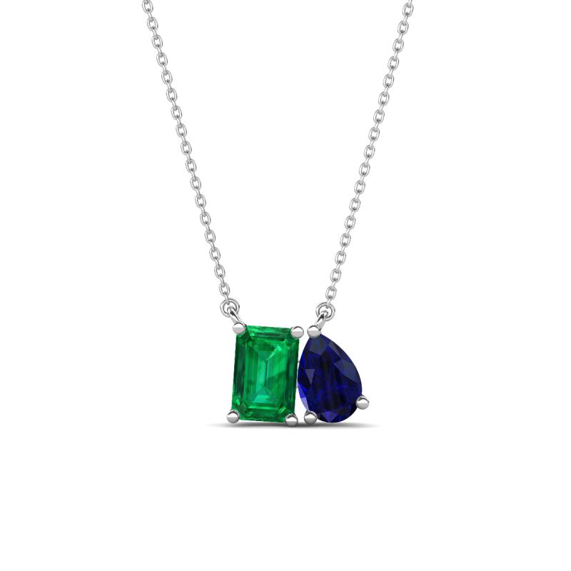 Arika 1.00 ctw Emerald Shape Created Emerald with Pear Shape Created Blue Sapphire Toi Et Moi Women Pendant Necklace 