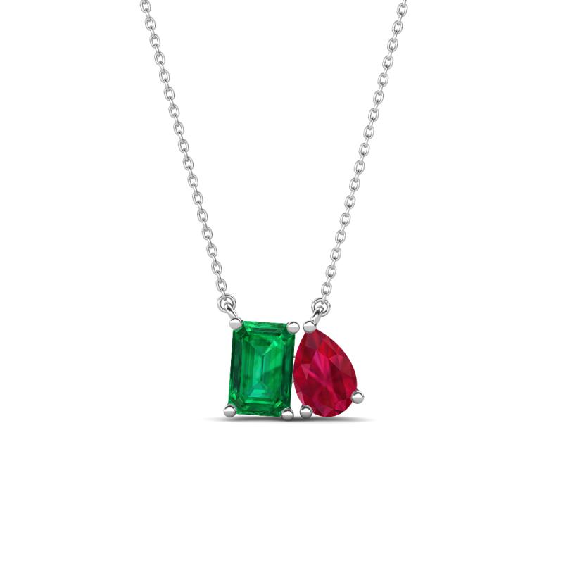 Arika 1.00 ctw Emerald Shape Created Emerald with Pear Shape Created Ruby Toi Et Moi Women Pendant Necklace 