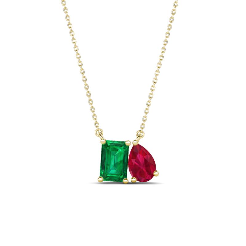 Arika 1.00 ctw Emerald Shape Created Emerald with Pear Shape Created Ruby Toi Et Moi Women Pendant Necklace 
